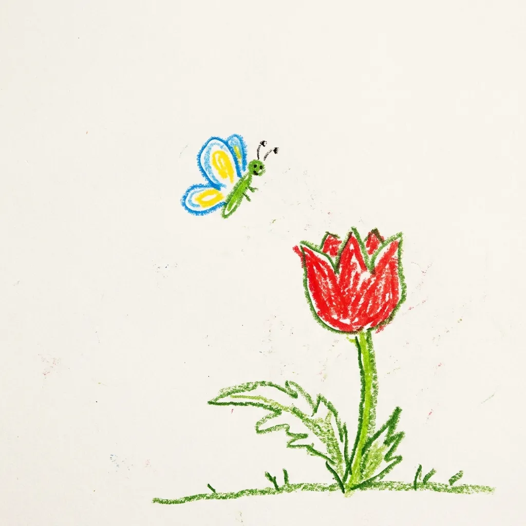 Kinderzeichnung: Tulpe und Schmetterling